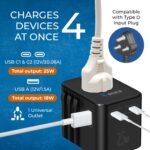 Orei 25Watt Universal Charger Adapter | 2X USBC 1XUSB A - 4-in-1 International Travel Adapter | Universal Travel Adapter Compatible 150+ Countries | Type C, A, G, I Compatible, Black - Image 10