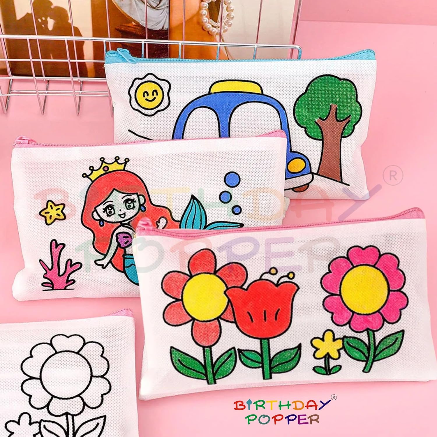 Birthday Popper Colour Your Pencil Pouches As Birthday Return Gifts - Set of 20 - Assorted Theme Doodle Zipper Case for Girls - School Art Projects for Creative Kids - Image 5