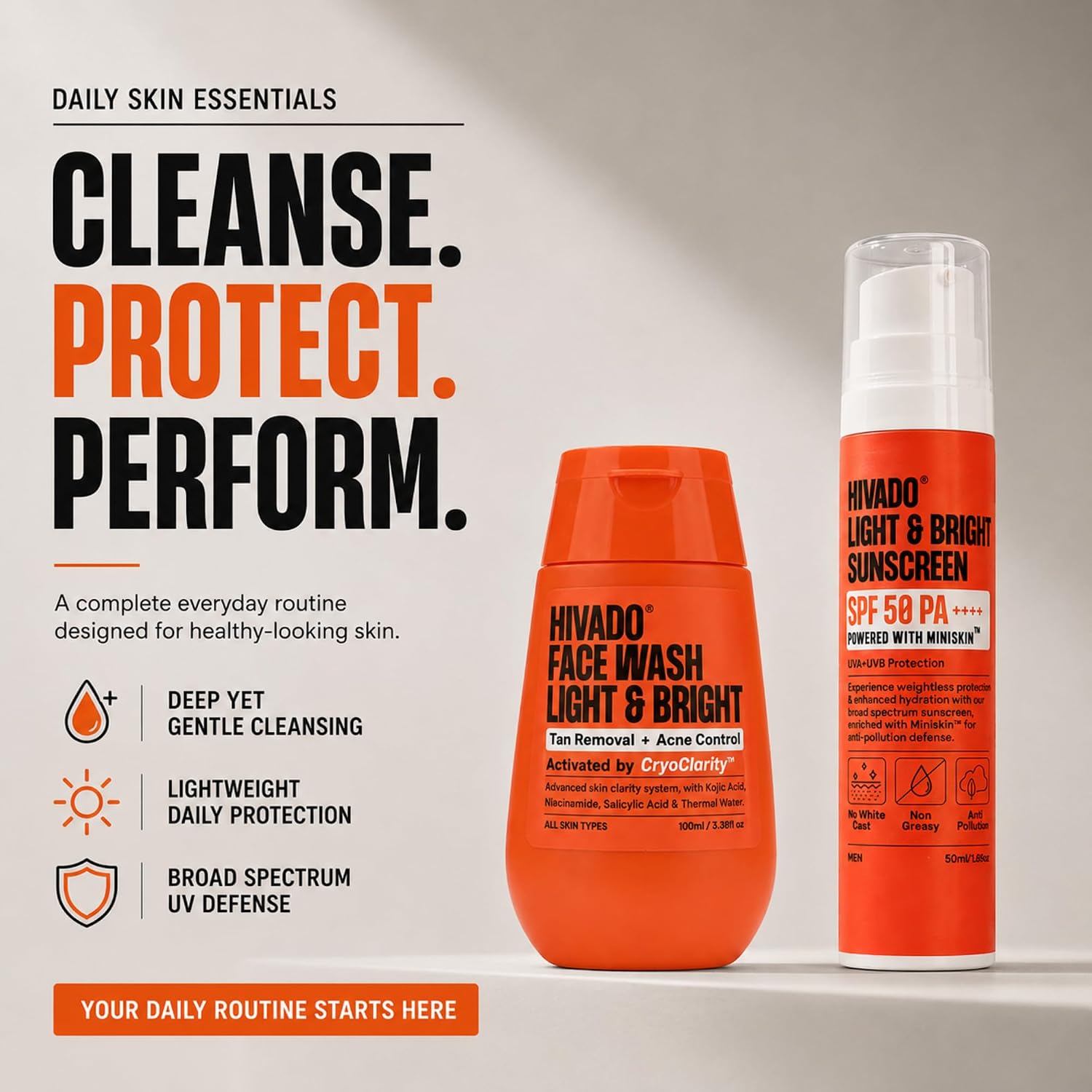 HIVADO Men’s Face Wash 100ml & Sunscreen SPF 50 PA++++ 50ml Combo Pack | Deep Cleansing Face Wash + Lightweight Sunscreen for Men | Anti-Acne, Anti-Aging & Moisturizing Skincare Set | Hydrating & Brightening Formula | For All Skin Types - Image 3