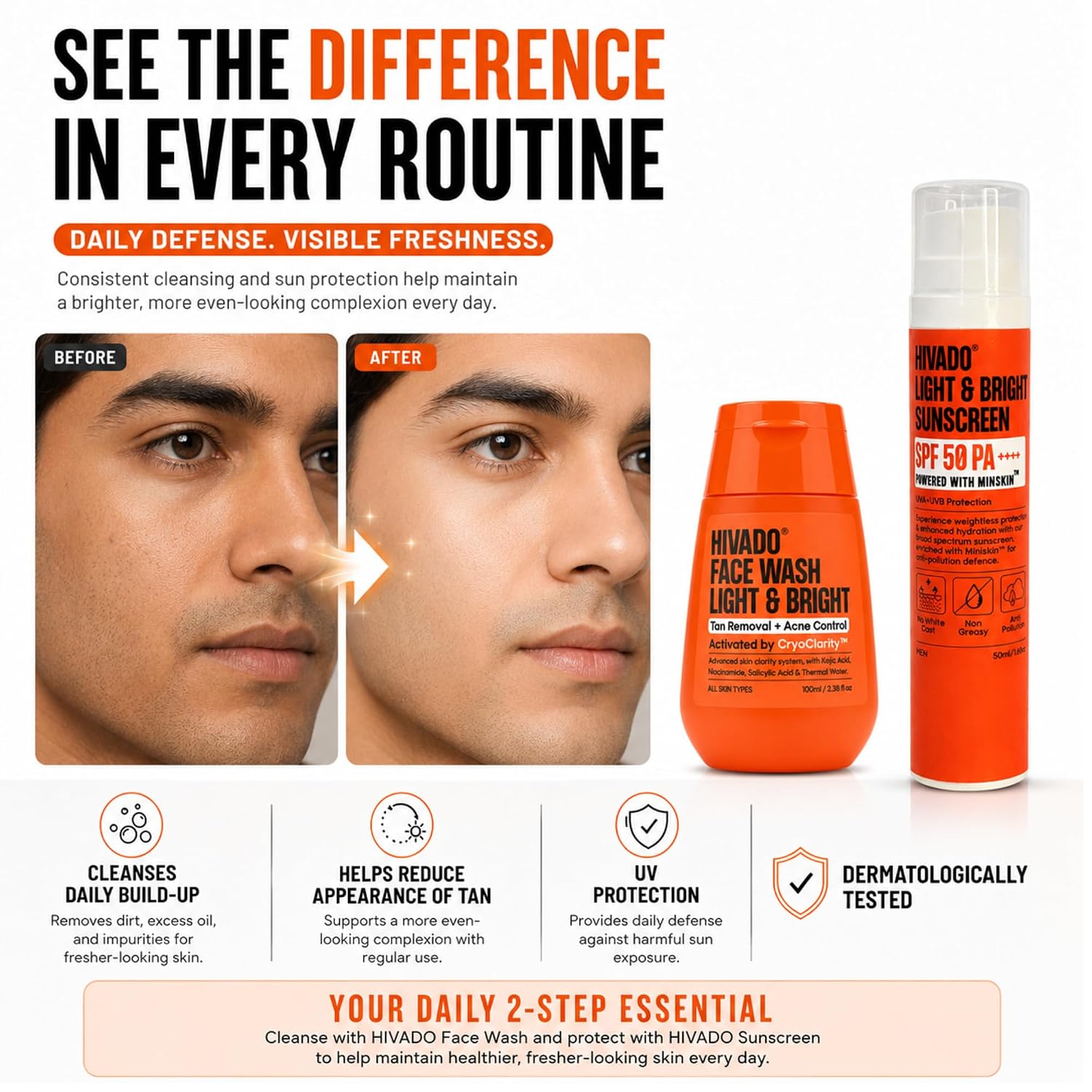 HIVADO Men’s Face Wash 100ml & Sunscreen SPF 50 PA++++ 50ml Combo Pack | Deep Cleansing Face Wash + Lightweight Sunscreen for Men | Anti-Acne, Anti-Aging & Moisturizing Skincare Set | Hydrating & Brightening Formula | For All Skin Types - Image 4