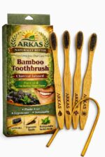 ARKAS Bamboo Toothbrush - Pack of 4 + 1 Free Tongue Cleaner | Soft Charcoal Bristles | Eco Friendly Biodegradable Wooden Toothbrush | Plastic Free Natural Bamboo Toothbrush - Image 2