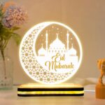 Eid Mubarak Acrylic LED Plaque with Golden Light Base, Islamic Night Lamp, Crescent Moon Mosque Table Decor, Bakri Eid Decoration Gift for Muslim Home, Warm White Light, 5 x 5 Inch - Image 2