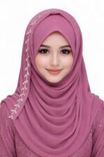 One Side Stone Work Hijab for Women | Beaded Decorative Arabic Hijab | Shiny Soft & Lightweight Head Scarf | Easy to Wear Fashion Party & Special Occasions - Image 2