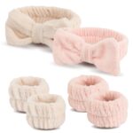Spa Headband and Wristband Set, Face Wash Headband Makeup Skincare Headband Wrist Bands Washing Face for Preppy Skincare Women Girl (Cream,Pink) - Image 2