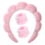 TEMPERIA Makeup Headband Wristband Set for Women & Girls | Hair Band for Facial Time | Head Bands Skincare Hairband for Spa | 3 Pieces Set | Pink - Image 2