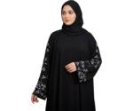 Women Black Firdous Abaya with Silver Stone Sleeve Work | Long Sleeve Modest Wear Burqa | Flowy Full Length Islamic Dress for Gatherings Events and Occasions | Without Dupatta - Image 2