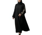 Women Firdous Fabric Abaya Burqa with Golden Branch Leaf Embroidered Sleeves | Long Sleeve Dubai Style Modest Wear | Flowy Fit Full Length Islamic Outfit for Occasions | Without Dupatta - Image 2