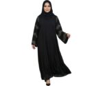 Women Firdous Fabric Abaya Burqa with Silver Stone Work Sleeves | Long Sleeve Modest Wear | Flowy Fit Full Length Islamic Outfit for Gatherings Celebrations and Occasions | Without Dupatta - Image 2