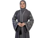Women Grey Firdous Fabric Embellished Abaya with Stone Work Design | Long Sleeve Modest Islamic Wear | Full Length Flowy Kaftan Style Outfit for Occasions | Without Dupatta - Image 2