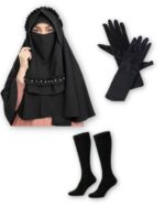 Women’s Modest Wear Combo Set – Stylish Niqab with Hand Gloves & Knee-Length Socks | Soft Breathable Fabric | Full Coverage Islamic Wear | Black | Free Size - Image 2