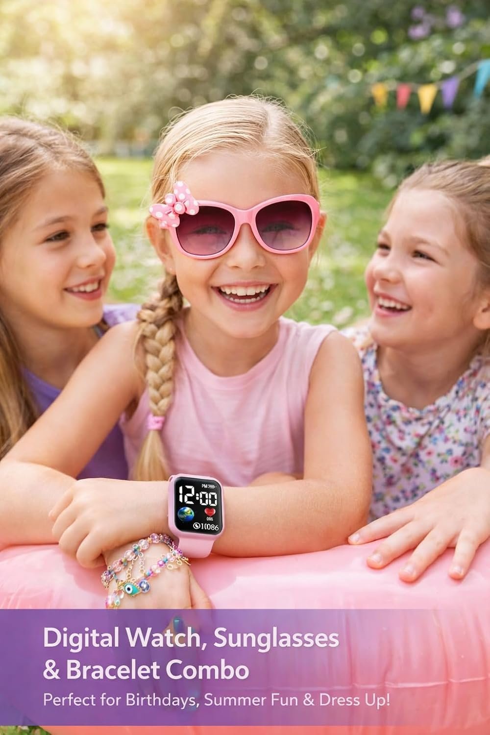 ALNA-TURA Combo Gift For Kids Girls | Pink LED Digital Watch, Cute Pink Sunglasses & Beaded Bracelet | Stylish Fashion Accessories Kit for Baby Childrens | Best Birthday Return Gift Toy Set For Age 3 to 12 Years - Image 5