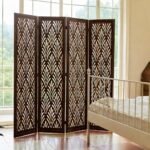 Wooden Living Partition Room Divider 4 Panel | Foldable Privacy Screen with Geometric Cut-Out Design | Pooja Room Partition for Living Room, Bedroom & Office (Brown) - Image 3