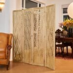 Wooden Living Partition Room Divider 4 Panel | Foldable Privacy Screen with Geometric Cut-Out Design | Pooja Room Partition for Living Room, Bedroom & Office (Teak Finish) - Image 3