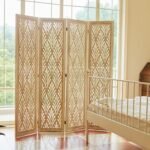 Wooden Living Partition Room Divider 4 Panel | Foldable Privacy Screen with Geometric Cut-Out Design | Pooja Room Partition for Living Room, Bedroom & Office (Teak Finish) - Image 4