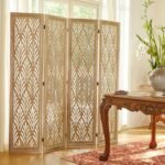 Wooden Living Partition Room Divider 4 Panel | Foldable Privacy Screen with Geometric Cut-Out Design | Pooja Room Partition for Living Room, Bedroom & Office (Teak Finish) - Image 6