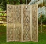Wooden Living Partition Room Divider 4 Panel | Foldable Privacy Screen with Geometric Cut-Out Design | Pooja Room Partition for Living Room, Bedroom & Office (Teak Finish) - Image 7