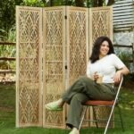 Wooden Living Partition Room Divider 4 Panel | Foldable Privacy Screen with Geometric Cut-Out Design | Pooja Room Partition for Living Room, Bedroom & Office (Teak Finish) - Image 8