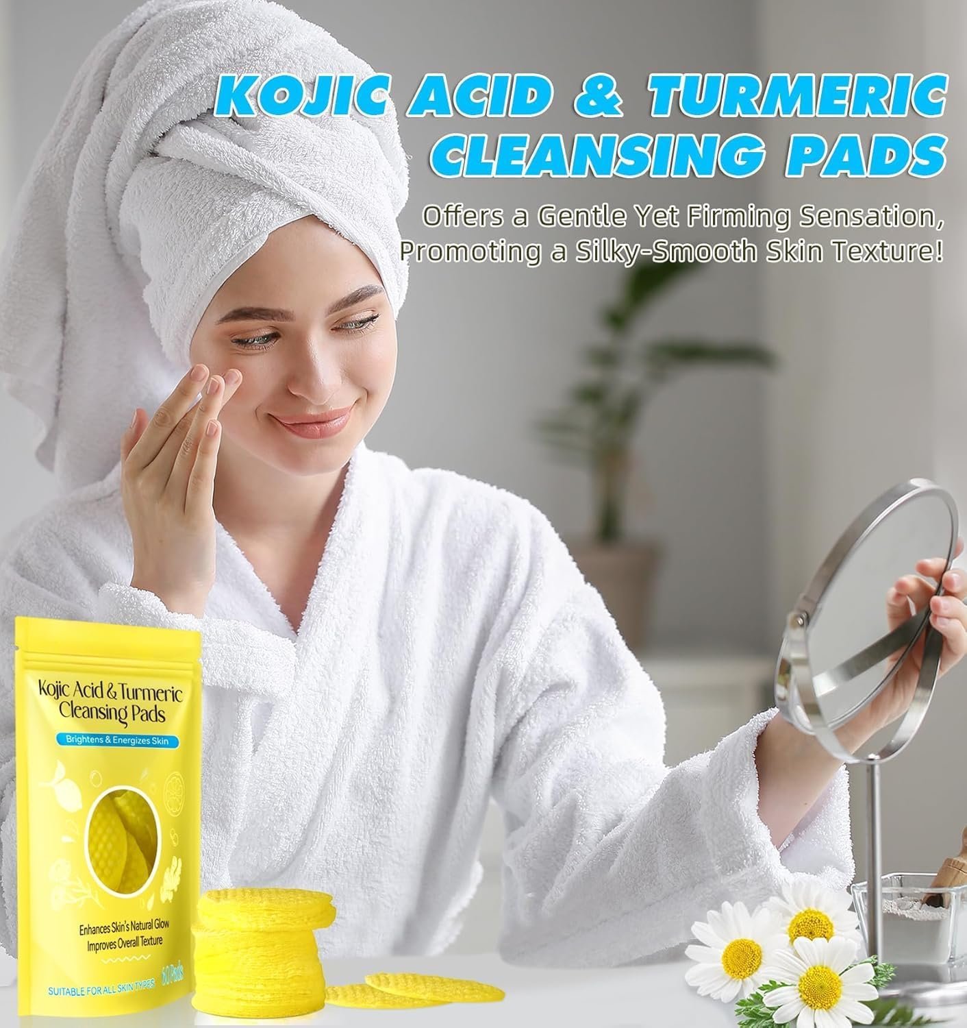 Kojic Acid and Turmeric Cleansing Pads for Dark Spots, Skin Brightening & Acne Prevention, with Vitamin B5, Vitamin C, Turmeric Infused Foaming Exfoliating Pads, for Face for All Skin Types -60PCS (Pack of 1 (60Pcs)) - Image 5