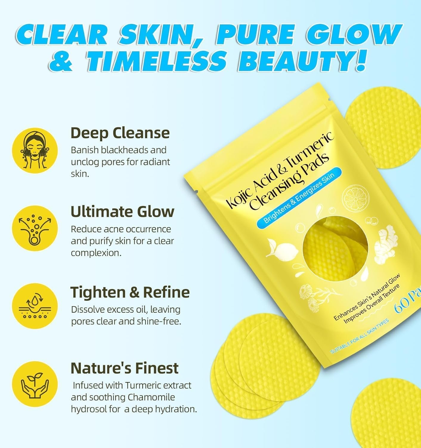Kojic Acid and Turmeric Cleansing Pads for Dark Spots, Skin Brightening & Acne Prevention, with Vitamin B5, Vitamin C, Turmeric Infused Foaming Exfoliating Pads, for Face for All Skin Types -60PCS (Pack of 1 (60Pcs)) - Image 6