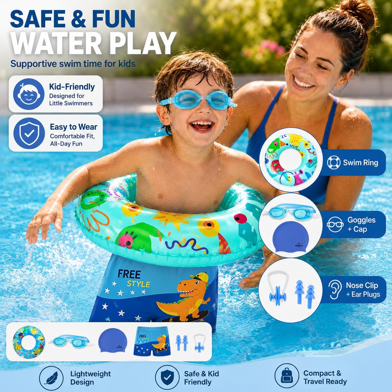 Morex Kids 6-in-1 Swimming Kit for Boys | Swim Trunks, Silicone Cap, Anti-Fog Goggles, Swim Tube, Nose Clip & Earplugs | Perfect Swim Kit for Pool, Beach, & Water Fun_Multicolor-2_6-8Yrs - Image 4