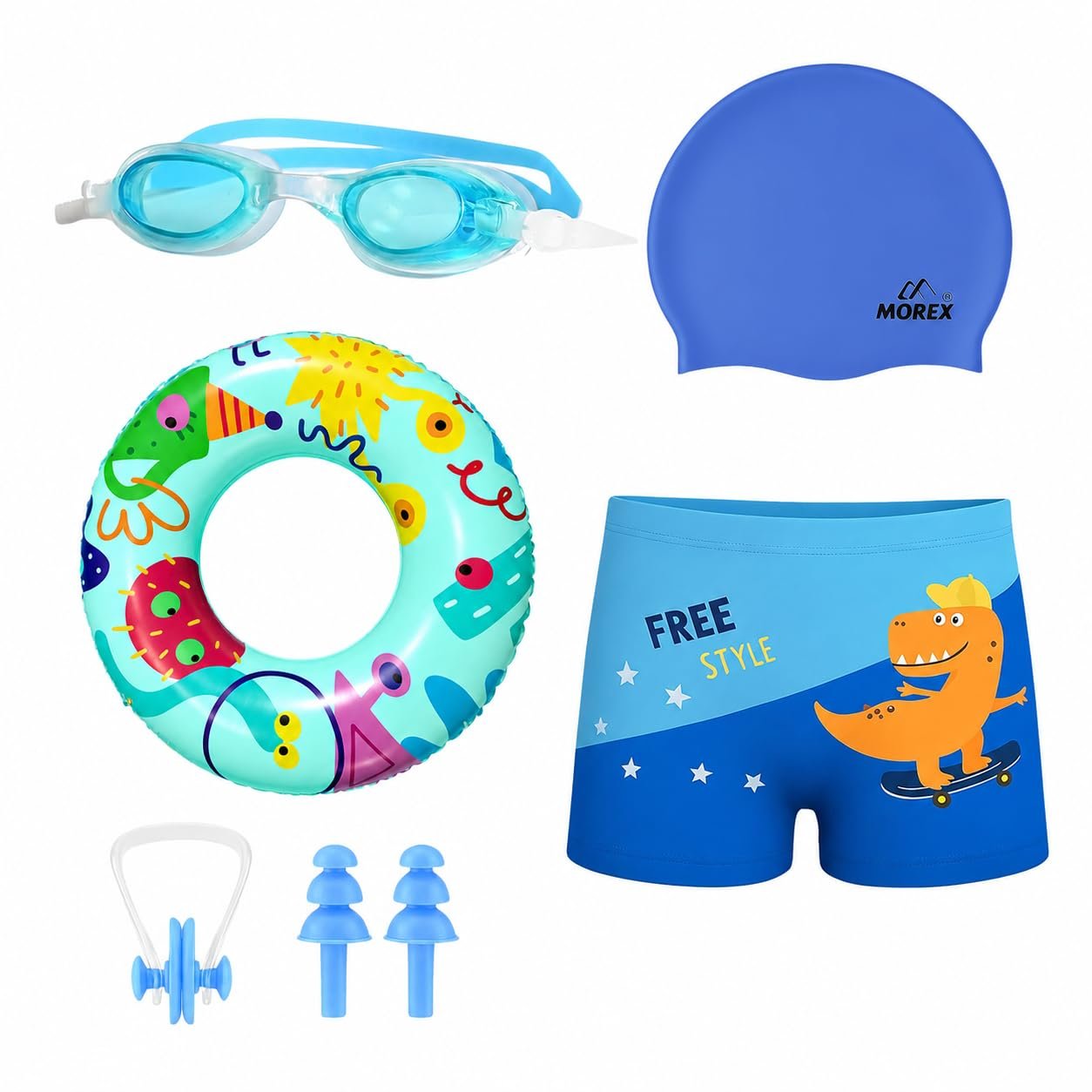 Morex Kids 6-in-1 Swimming Kit for Boys | Swim Trunks, Silicone Cap, Anti-Fog Goggles, Swim Tube, Nose Clip & Earplugs | Perfect Swim Kit for Pool, Beach, & Water Fun_Multicolor-2_6-8Yrs - Image 6