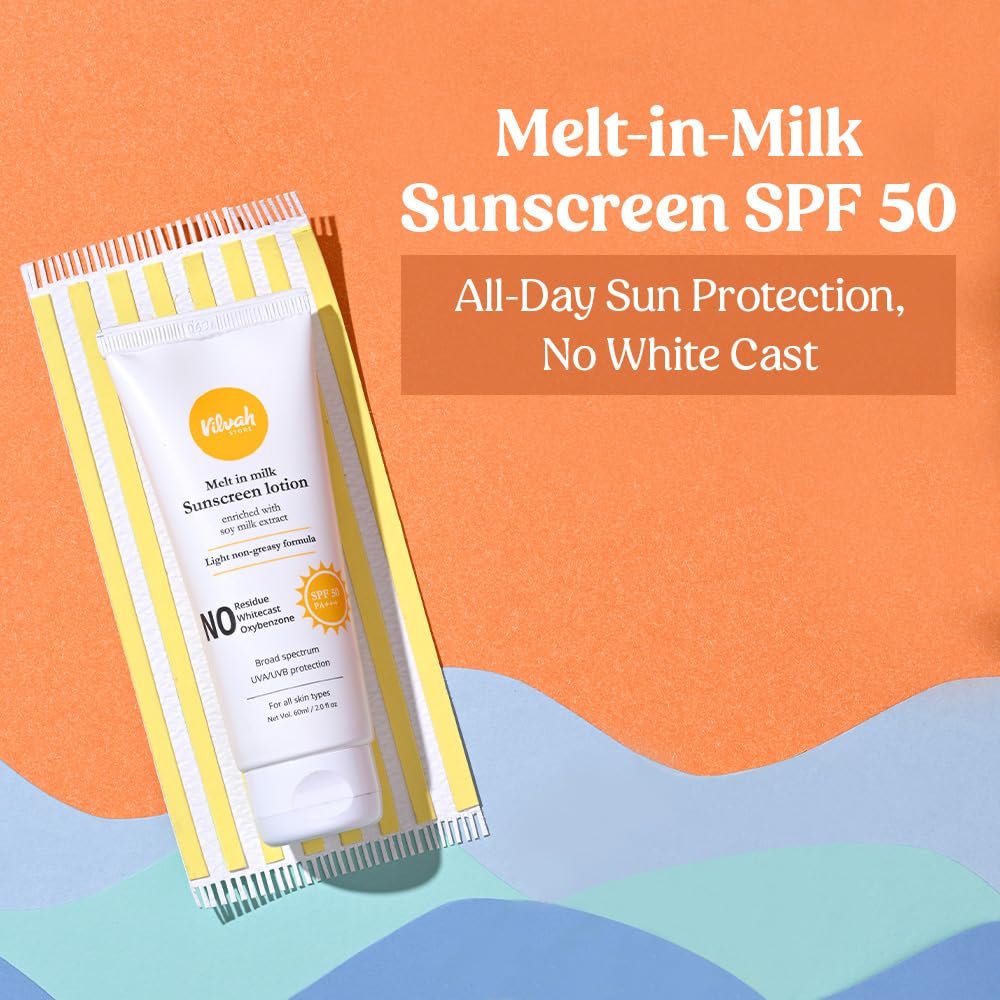Vilvah Melt-In-Milk Sunscreen SPF 50 PA+++ | No White Cast, Water-Resistant Sunscreen | Hydrating, Lightweight, Non-Greasy | UVA & UVB Protection with Natural UV Filters & Soy Milk Extract | Unisex, For All Skin Types | 60ml - Image 3