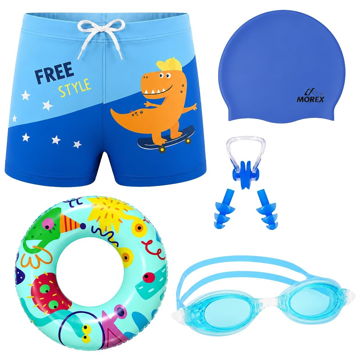 Morex Kids 6-in-1 Swimming Kit for Boys | Swim Trunks, Silicone Cap, Anti-Fog Goggles, Swim Tube, Nose Clip & Earplugs | Perfect Swim Kit for Pool, Beach, & Water Fun_Multicolor-2_6-8Yrs - Image 2