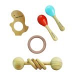 Natural Toys Wooden Teether Combo 5 Pc-2 Maracus, 2 Teether, 1 Dumble and a Ring - Image 2