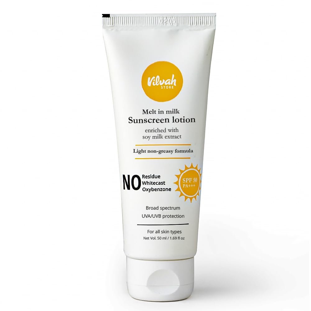 Vilvah Melt-In-Milk Sunscreen SPF 50 PA+++ | No White Cast, Water-Resistant Sunscreen | Hydrating, Lightweight, Non-Greasy | UVA & UVB Protection with Natural UV Filters & Soy Milk Extract | Unisex, For All Skin Types | 60ml - Image 2