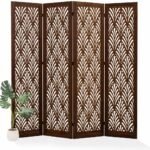 Wooden Living Partition Room Divider 4 Panel | Foldable Privacy Screen with Geometric Cut-Out Design | Pooja Room Partition for Living Room, Bedroom & Office (Brown) - Image 2