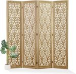 Wooden Living Partition Room Divider 4 Panel | Foldable Privacy Screen with Geometric Cut-Out Design | Pooja Room Partition for Living Room, Bedroom & Office (Teak Finish) - Image 2