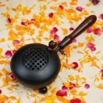 ServDharm Dhoop Dani with Handle | Incense and Loban Burner Dhuni Stand for Home, Office and Temple Pooja | Metal Dhoop Dani Black, Round, 4.4 Inch |11.4 cm