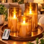 VERVENIX Set of 3 Glass LED Flickering Flameless Candles with Remote & Timer | Battery Operated 3D Wick Glass Pillar Lights for Diwali, Wedding, Home, Party & Festive Decoration (Warm White)